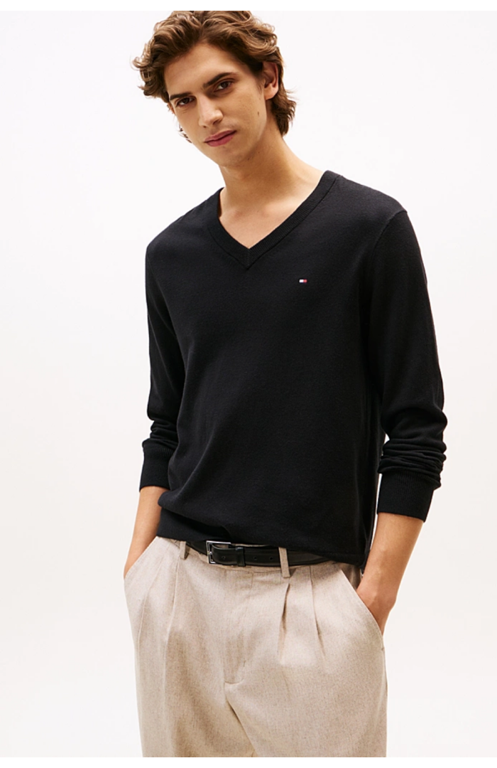 Pull Pima col V cachemire noir