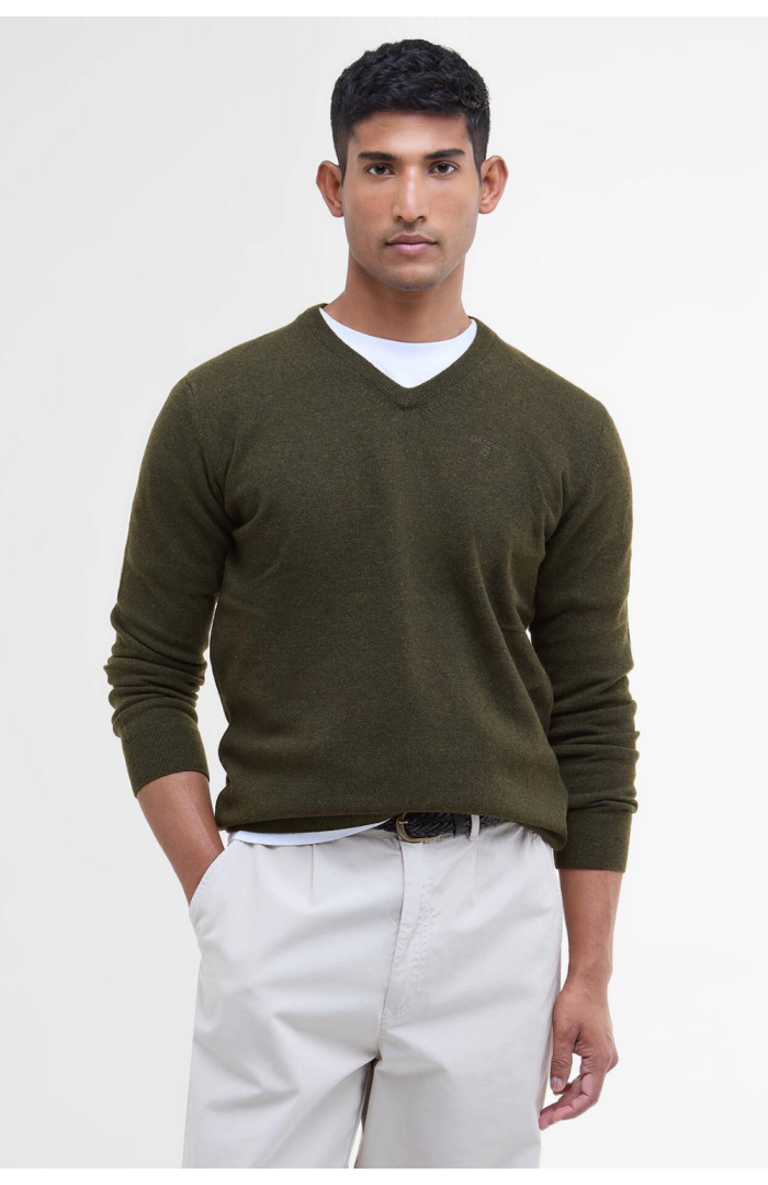 Pull col V essentiel en laine kaki