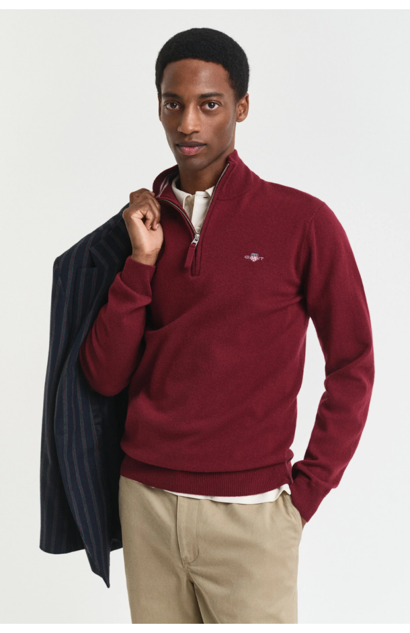 Pull demi-zip en laine d’agneau bordeaux