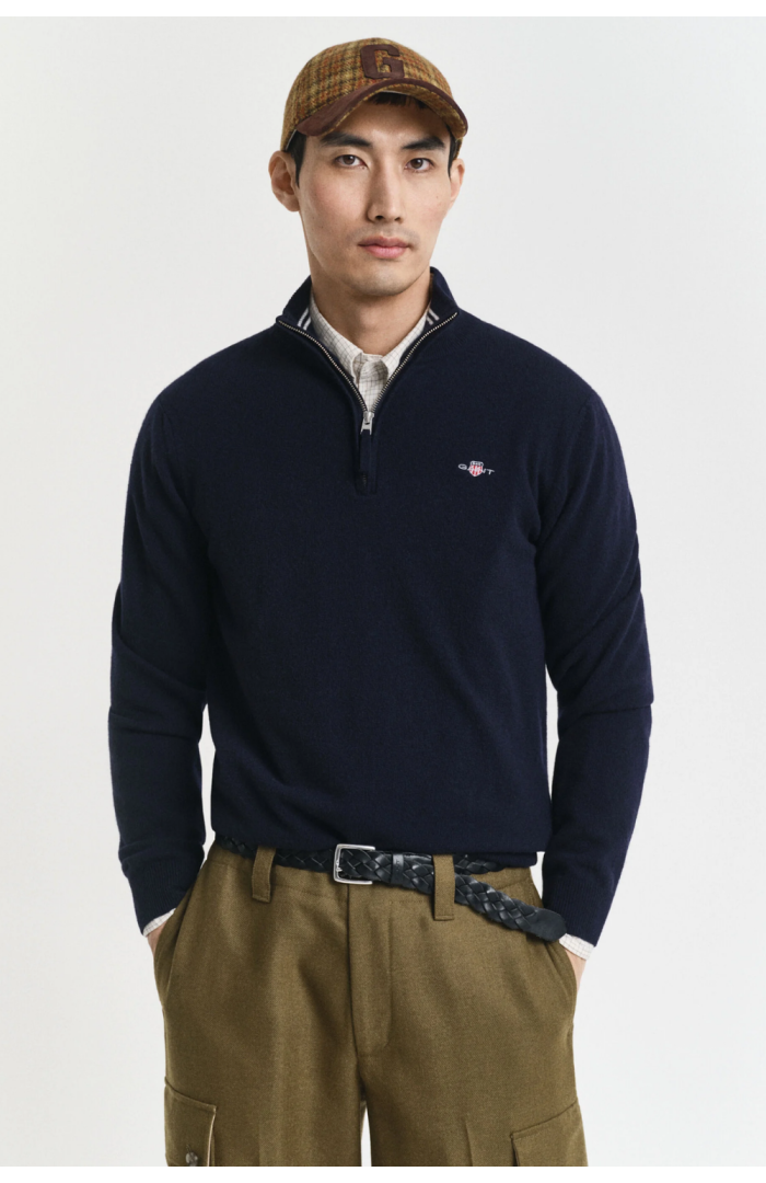 Pull demi-zip en laine d’agneau marine