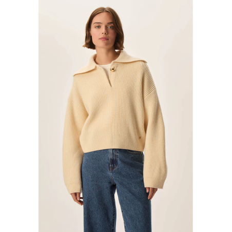 Pull DOMINO crème en laine col polo